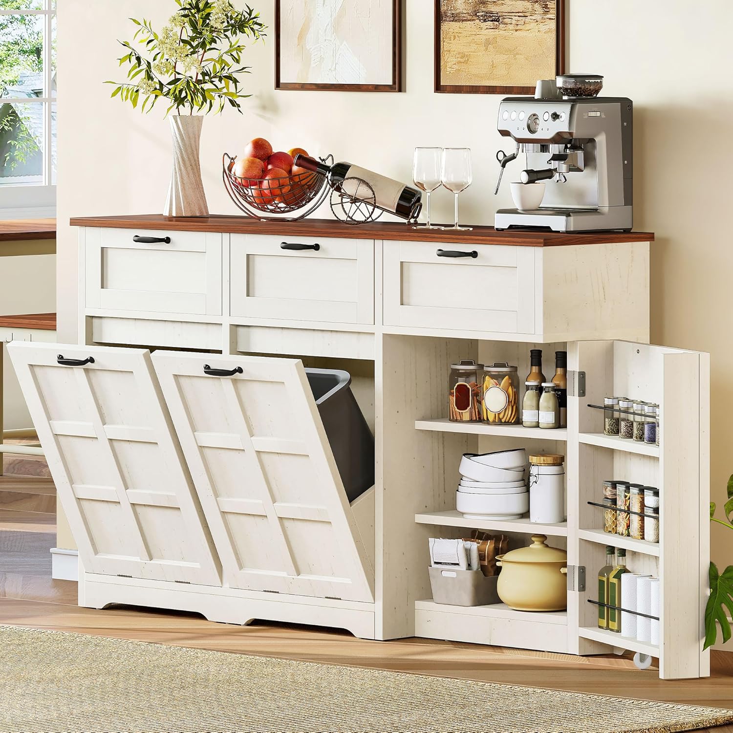 DWVO 58.3" Rustic Kitchen Island Storage Cabinet | Tilt Out Trash Can Cabinet, Farmhouse Kitchen Island with 3 Drawers, 2 Tilt-Out Doors for 10 Gallon Bins, Adjustable Shelf