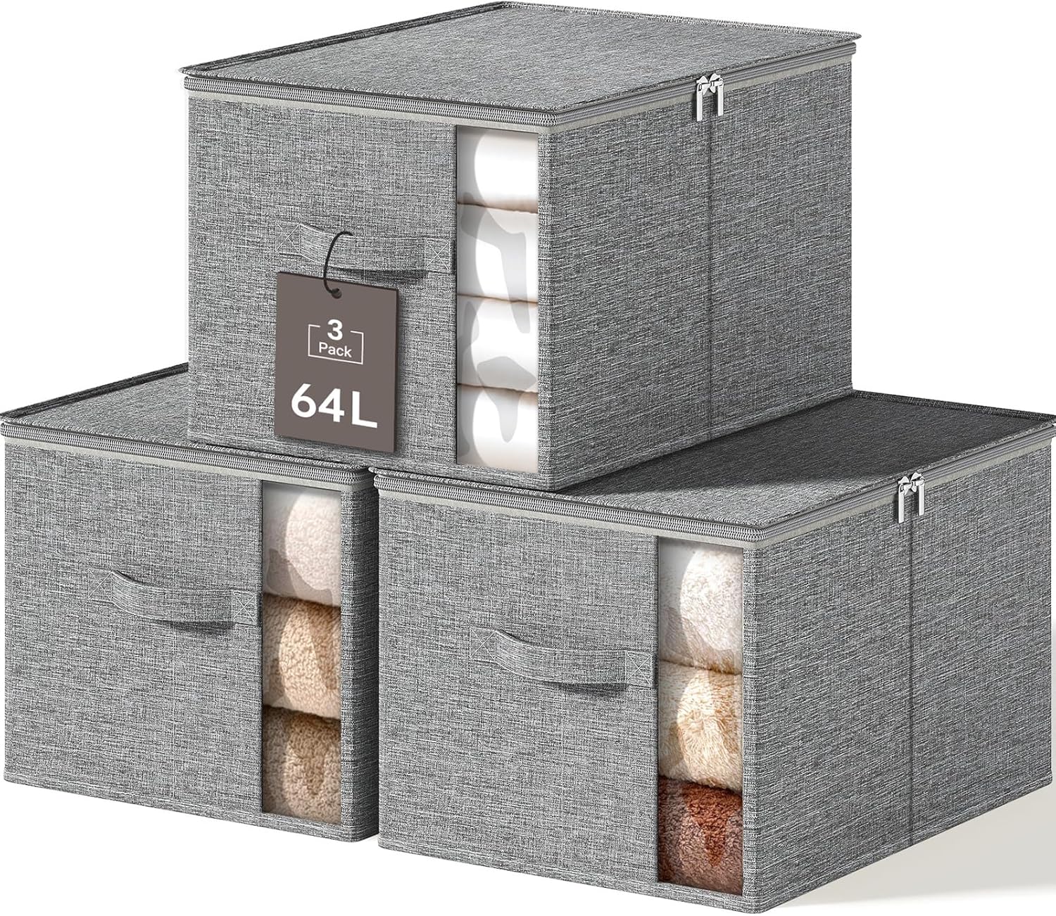 Large Clothes Storage Bins with Sturdy Frame, Foldable Clothing Organizer Box, Sweater Storage Cube with Lids and Zipper, Fabric Bedding Storage Bags for Blankets, Seasonal Clothes, Comforter