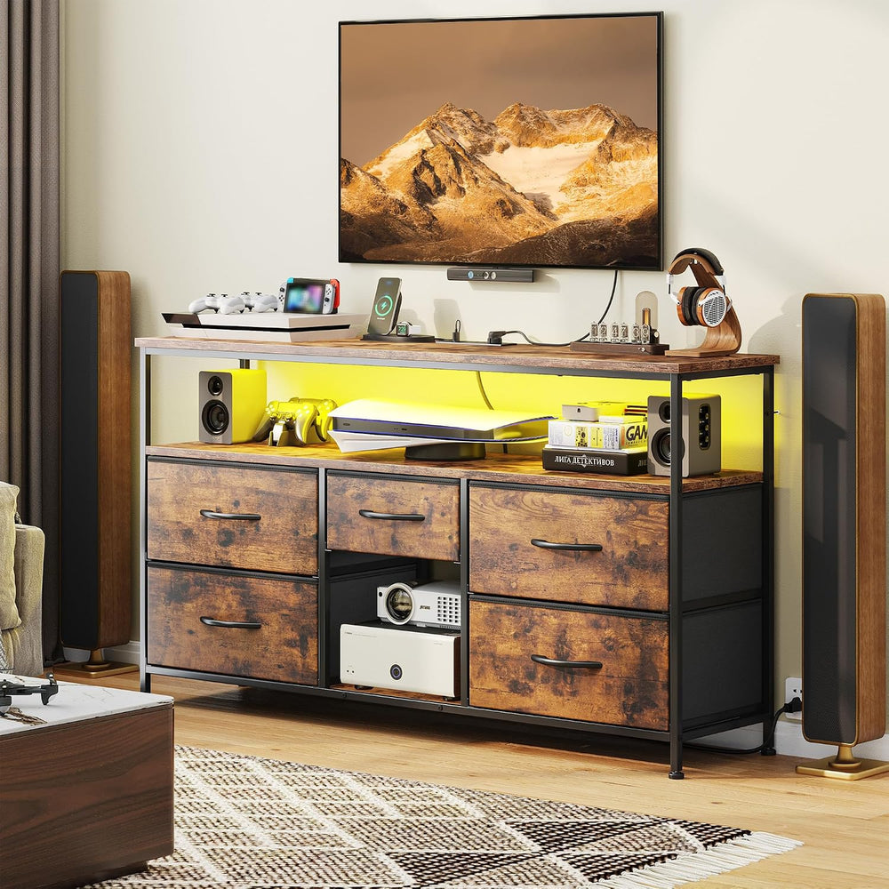 EnHomee TV Stand for Bedroom with LED & Outlets, 5-Drawer Storage, Brown ...