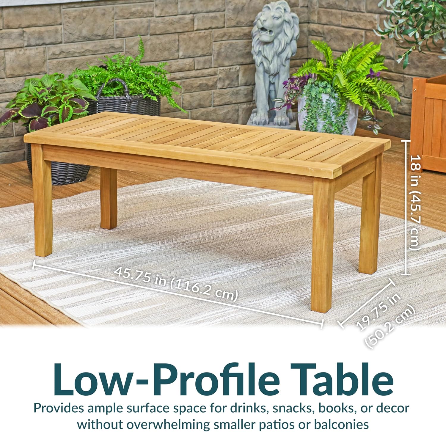 Sunnydaze Outdoor Patio Coffee Table, Solid Teak Wood, 45” W, Rectangular | Light Brown Wood Stain Finish, Slatted Wooden Outdoor Coffee Table, Comfortably Seats 4, Sturdy Teak Coffee Table for Outside