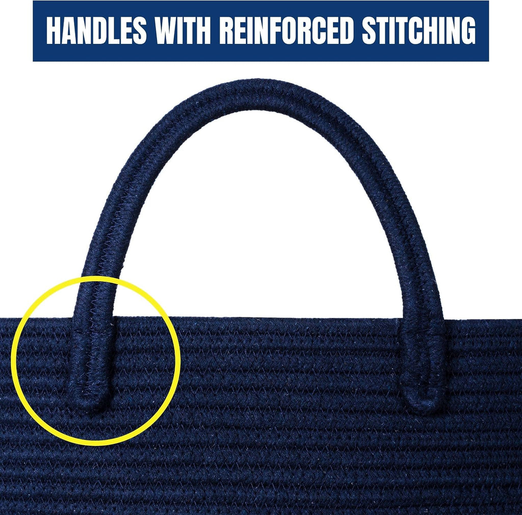 MINTWOOD Design Extra Large 22 x 14in Decorative Woven Cotton Rope Blanket Storage Basket Bin Living Room with Long Handles, Laundry Hamper for Pillows, Pool Towels, Dog Toys, Shoes, Navy Blue