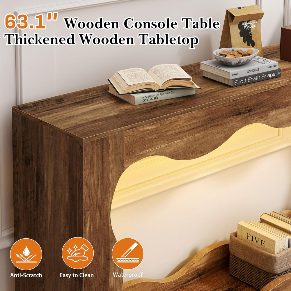 Vongrasig 63-Inch Farmhouse Entryway Table with Light Strips, Scalloped Conso...