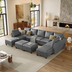 SITJOY 145" Faux Leather Modular Sectional Sofa with Storage, Mid Century Modern Sectional Couches for Living Room, Soft Padded Armrests, 11 Seat U Shaped Sofa Set with Chaise, Gray