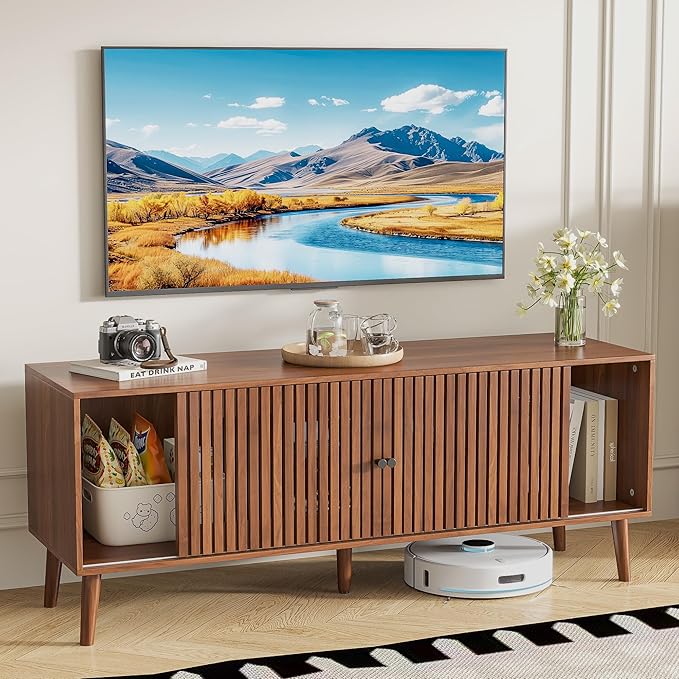 Mid Century Modern TV Stand for Televisions up to 60 Inches, with Sliding Doors and Storage, Television Stands, TV Consoles, Media Consoles for Living Room(Walnut-51.2inch)