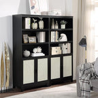 Manhattan Comfort Sheridan Modern Cane Bookcase with Adjustable Open Shelves, Soft Close Doors, and Concealed Compartments, Versatile 3 Tier Bookshelf Storage for Home and Office, Set of 2, Black