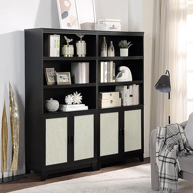 Manhattan Comfort Sheridan Modern Cane Bookcase with Adjustable Open Shelves, Soft Close Doors, and Concealed Compartments, Versatile 3 Tier Bookshelf Storage for Home and Office, Set of 2, Black