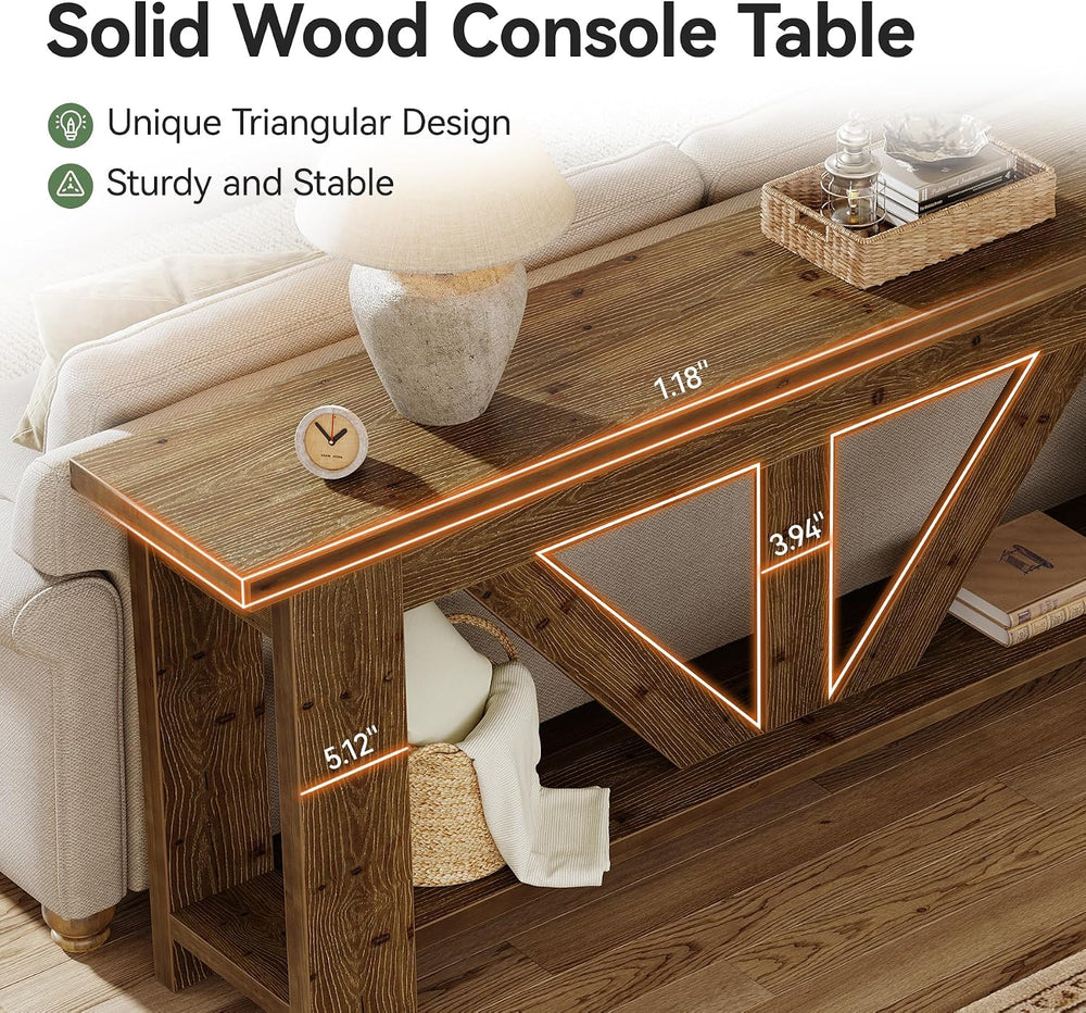 Solid Wood Sofa Table, 70.9 Inches Extra Long Console Table with 2 Tiers Stor...