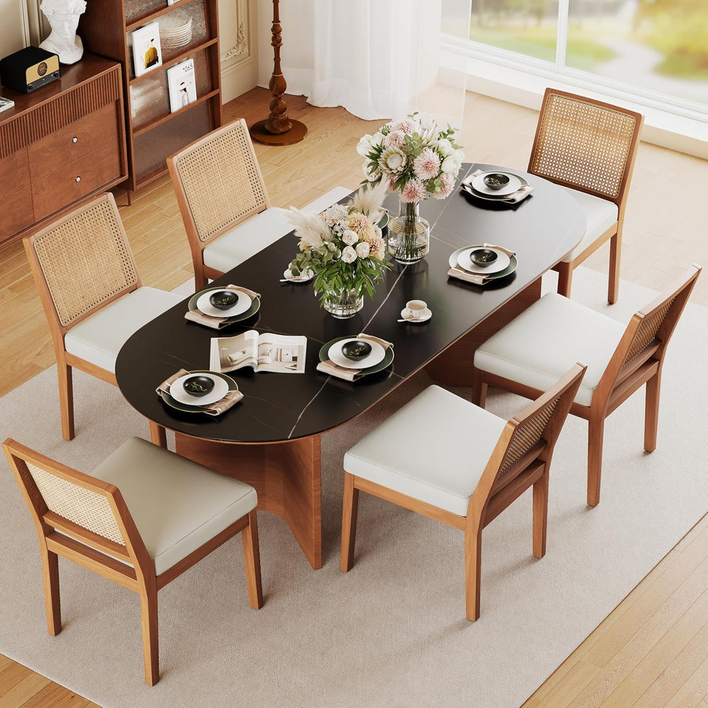 Andeworld Farmhouse Natural Rattan Dining Chairs Set of 6, Upholstered Mid Ce...