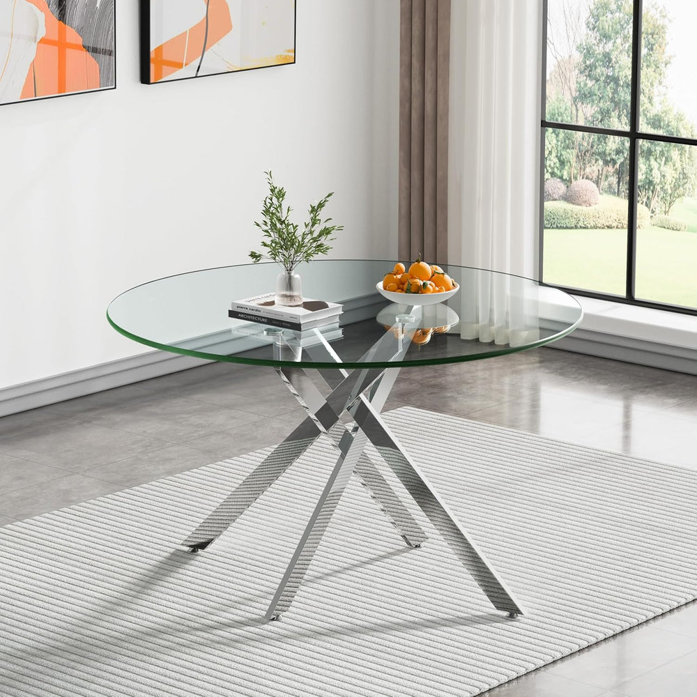 47.25 Inch Round Glass Dining Table Set for 2, Modern 3 Piece Dining Room Tab...