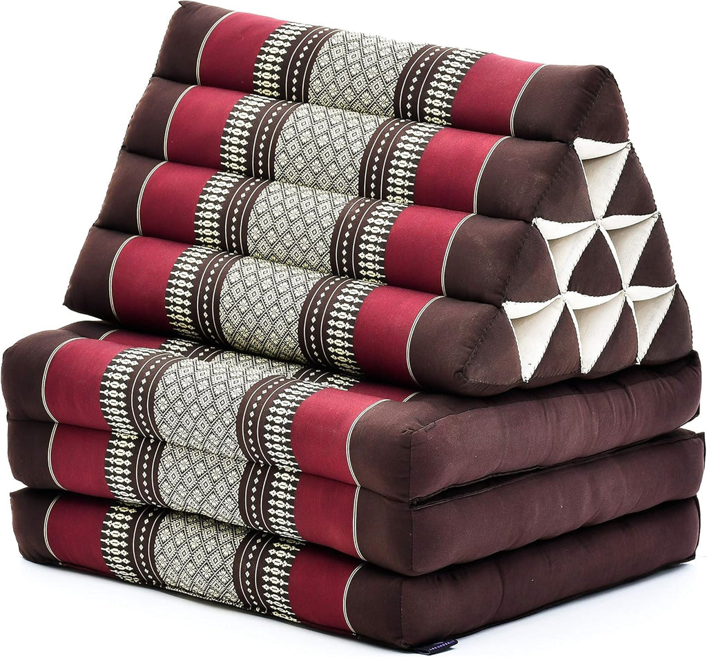 Leewadee - Comfortable Japanese Floor Mattress Used As Thai Floor Bed with Triangle Cushion, Futon Mattress Or Thai Massage Mat, 67 x 21 inches, Brown Red | Floor & lounge cushion for relaxing, reading & TV - for meditation & yoga, firm & stable