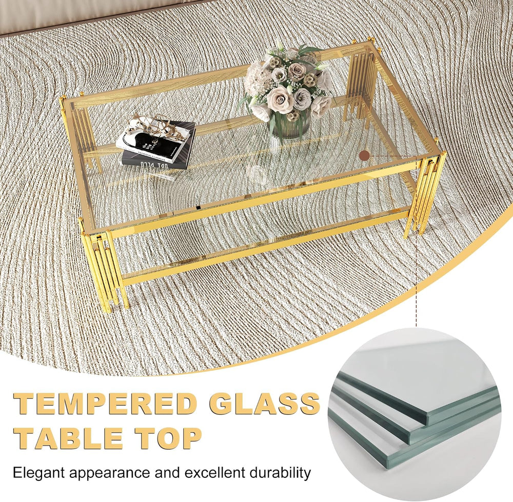 3 Piece Glass Coffee Table Set with 1 Coffee Table and 2 End Tables, Modern 2...