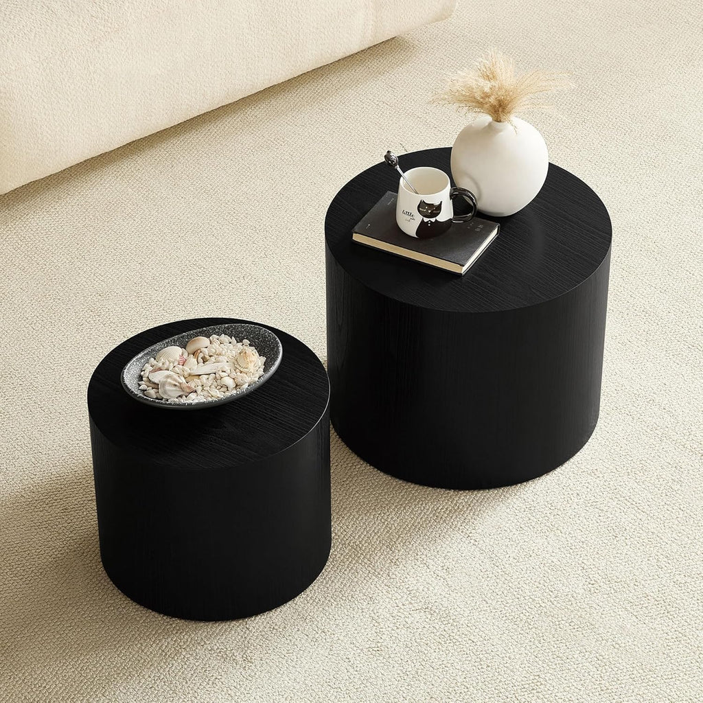 Nesting Coffee Table Set of 2, Modern Round Small Side Table Circle Accent End Table Drum Wood Center Table for Living Room Apartment Bedroom Office, No Assembly, Black