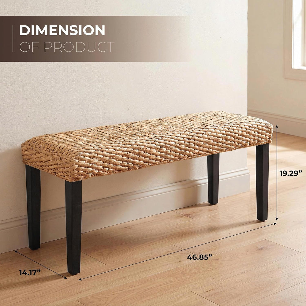 Solid Wood Acacia Indoor Bench, Water Hyacinth Seat, Black Leg, Plait Style |...