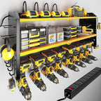 KAFAHOM Power Tool Organizer with Charging Station, Built in 8 Outlet Power Strip,Large 8 Drill Holder Wall Mount, Heavy Duty Metal Power Tool Storage Rack Tool Shelf for Garage Organization Black
