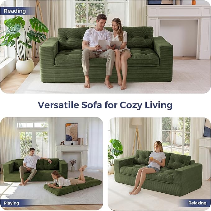 MAXYOYO 79" Loveseat Sofa Couch for Small Spaces, Upholstered Boneless Cloud Couch for Apartment Bedroom, 2-Seater Love Seat Floor Modern Sofa with Pillows, No Assembly Required, Dark Green