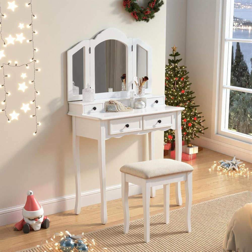 Montary Makeup Vanity Desk with 3-Panel Mirror, Wooden Vanity Dressing Table ...