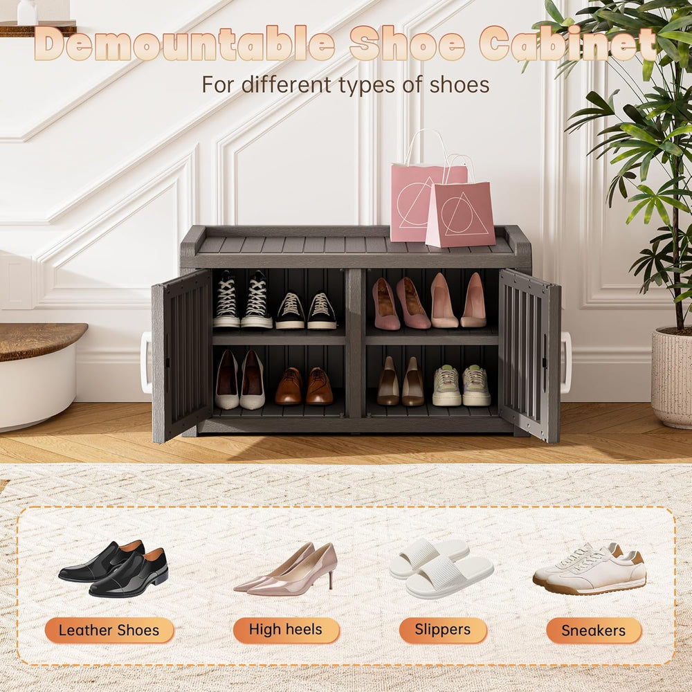 2-Tier Storage Bench, Waterproof UV-Resistant Outdoor Shoe Storage Cabinet wi...