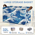 Ocean Wave Storage Baskets,Japanese Foldable Organizer Bin with Handles for Home Living Room Bedroom Closet Box 17x11.5x10Inch