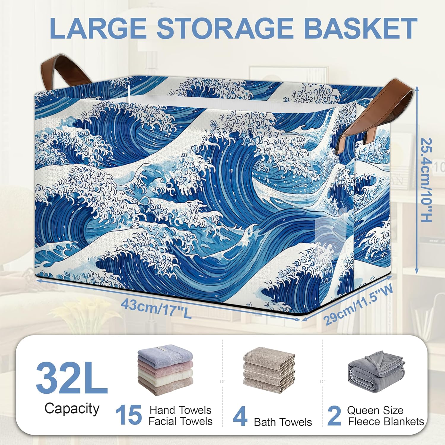 Ocean Wave Storage Baskets,Japanese Foldable Organizer Bin with Handles for Home Living Room Bedroom Closet Box 17x11.5x10Inch