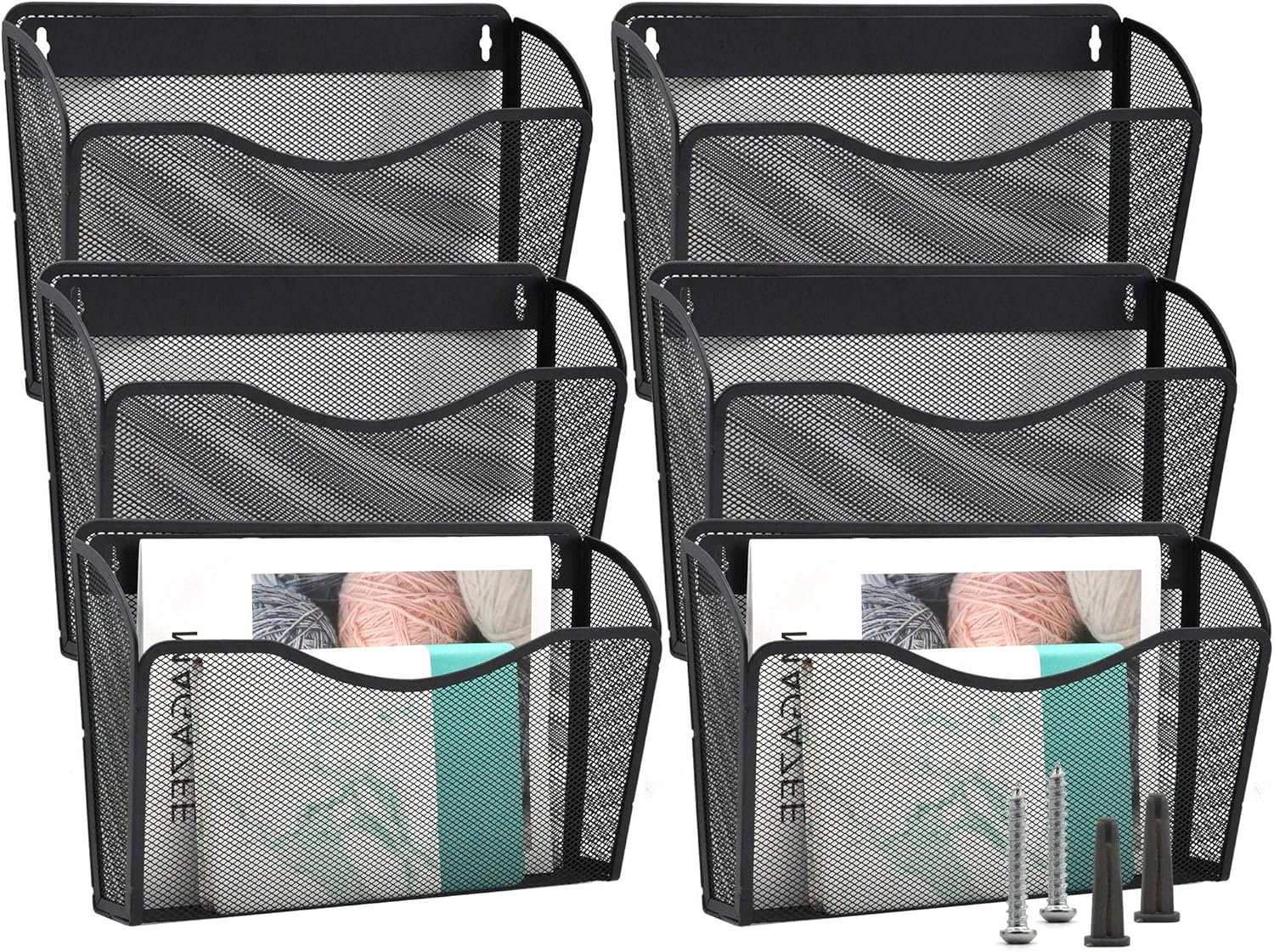 EASEPRES 6 Single Pocket Mesh Hanging File Organizer, Vertical Wall Mounted Magazine File Holder, Mount Basket Mail Paper Document Folder Organizing for Office, Home and School, Black