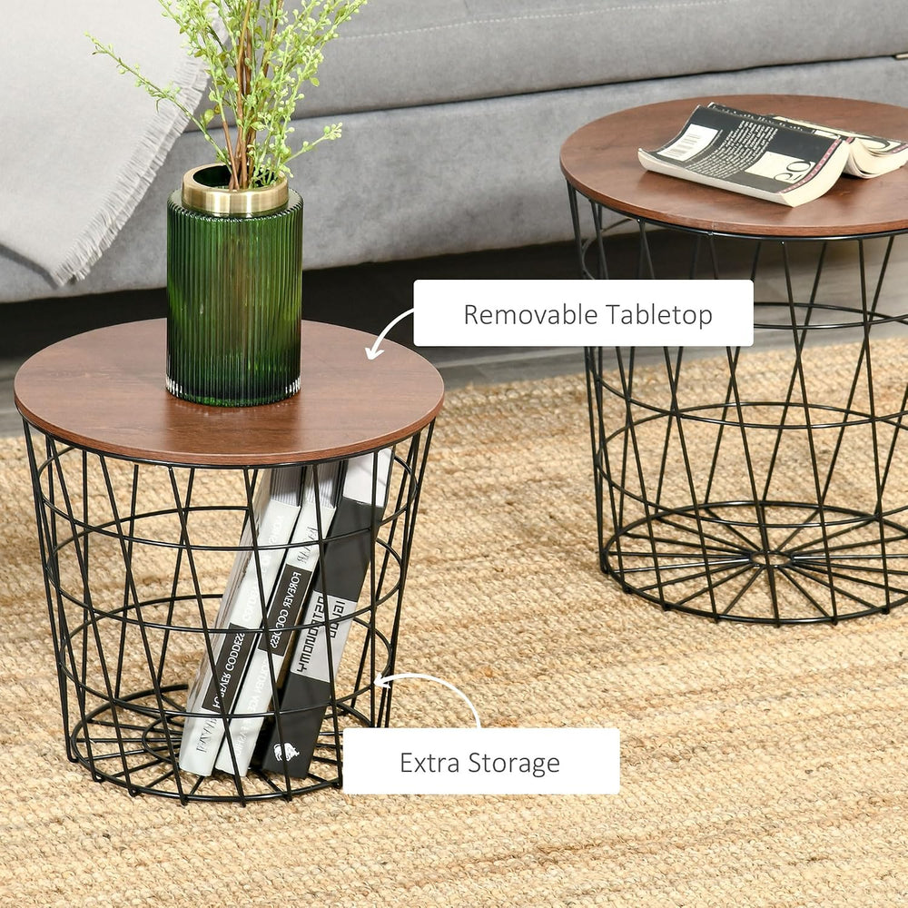 HOMCOM End Tables Set of 2, Nesting Tables with Storage Black/Brown | Round A...