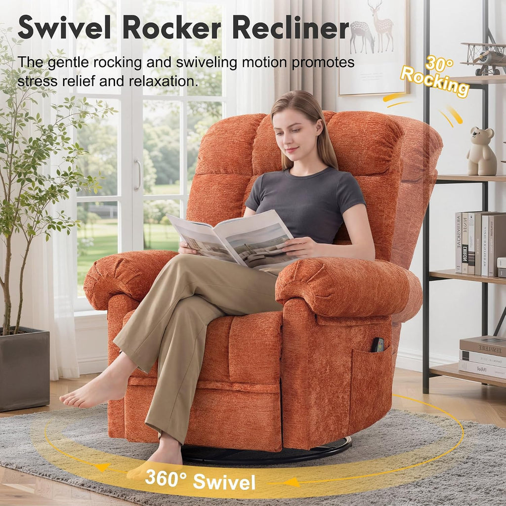Korser 360° Swivel Rocker Recliner Chair, Rocking Chair Nursery with Massage and Heat, Small Recliners for Small Space, Manual Reclining Chair with Cozy Chenille Fabric, Side Pockets for Living Room