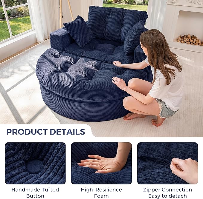 MAXYOYO L Shape Sectional Sofa Couch and Round Chaise Lounge, Modern Cloud Couch with Ottoman, Comfy Sofa with Layered Cushion, Tufted Upholstered Sleeper Chair for Living Room, No Assembly Required