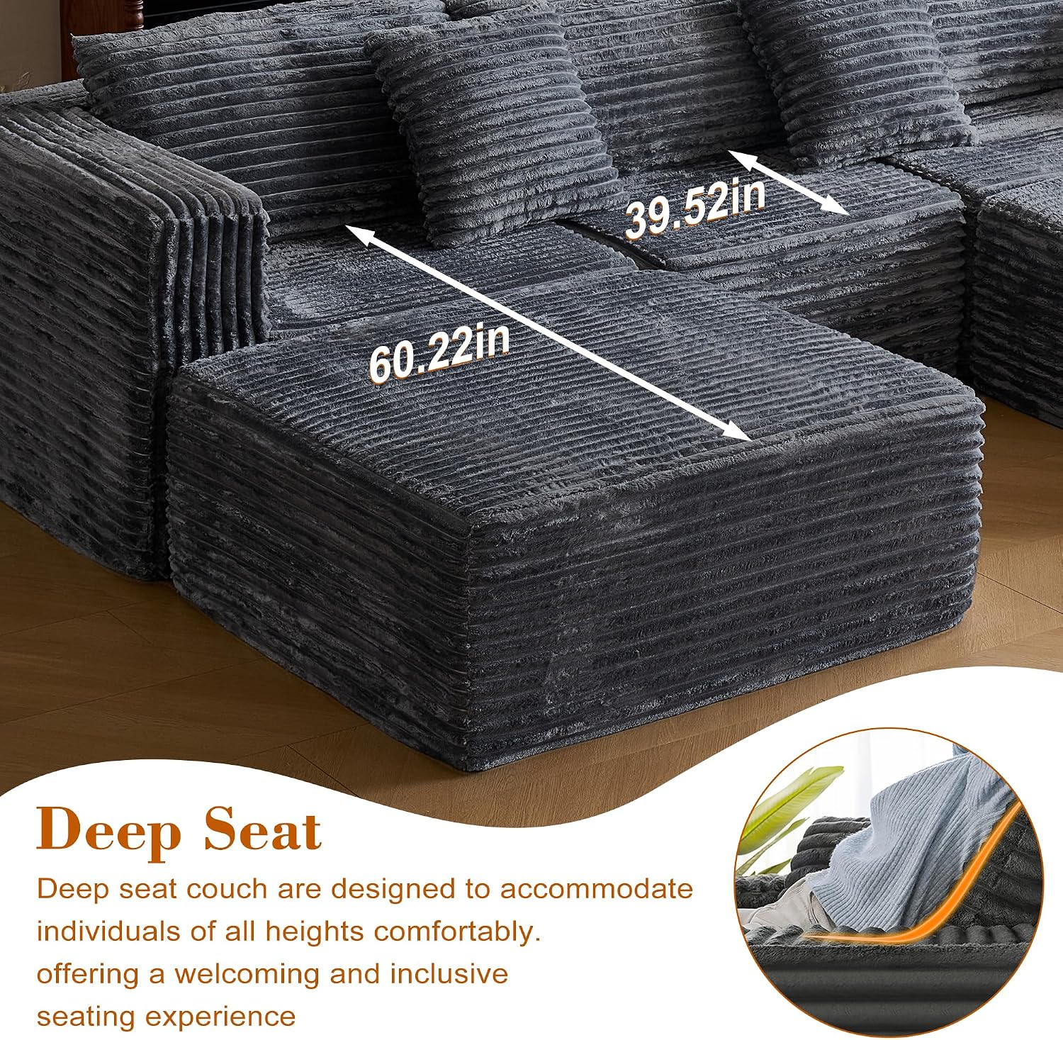 110 Corduroy Modular Sectional Boneless Sofa with 2 Ottomans, Convertible Cloud Couch with Deep Seats, Fluffy Memory Foam U Shaped Couch for Living Room, No Assembly Required (Gray)
