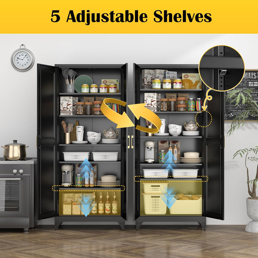 SteeLoong 75”Metal Pantry Storage Cabinet with Doors & 5 Adjustable Shelv...