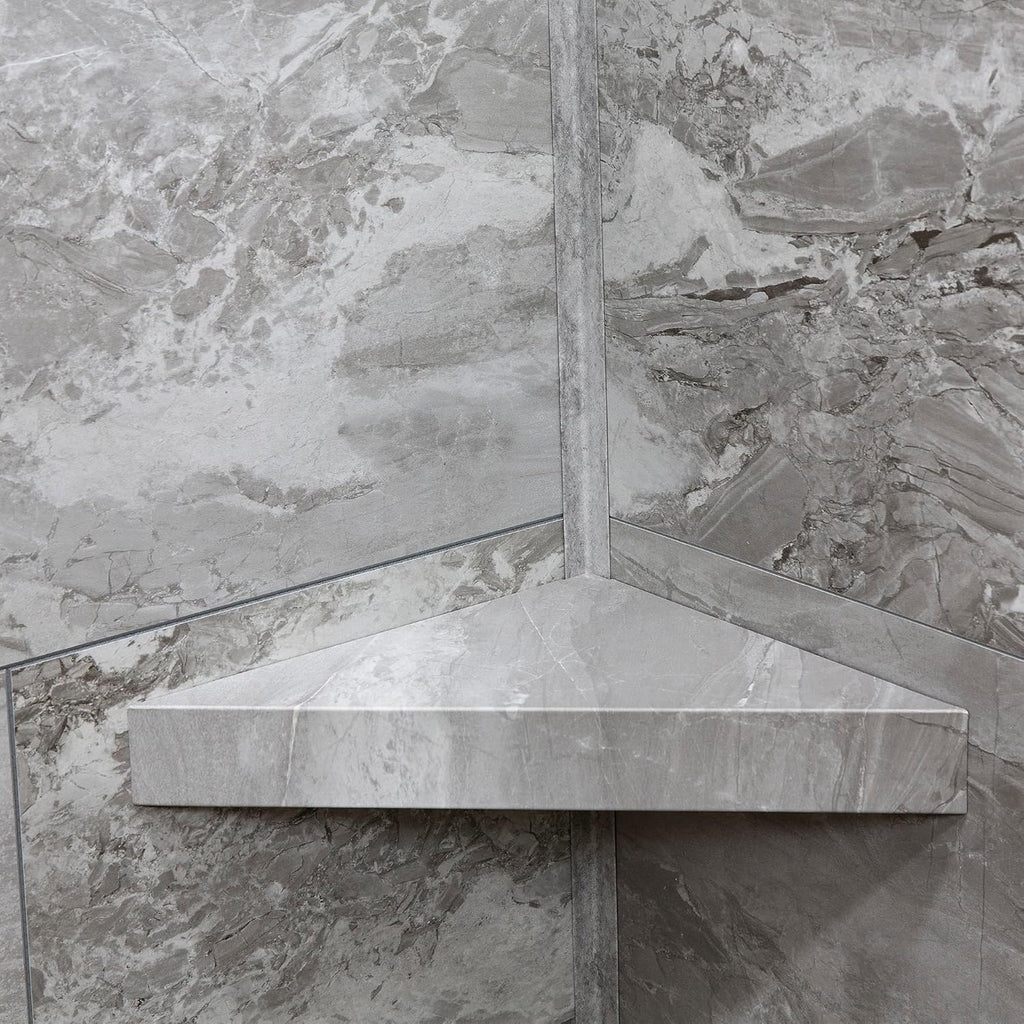 Palisade Vinyl Waterproof Corner Shower Shelf in Smoky Sky/Urban Slope