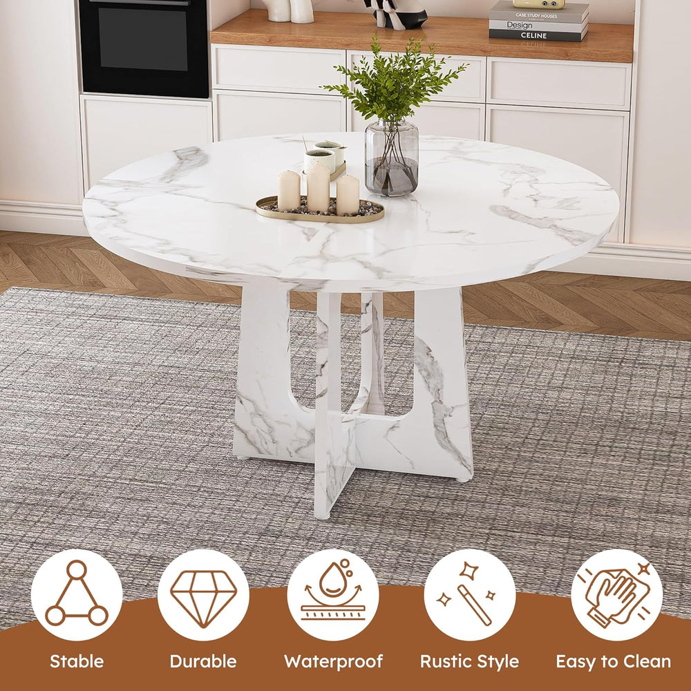 Round Modern Dining Table Set for 4, 47" Circle White Faux Marble Kitche...