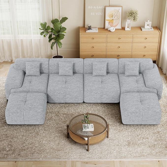 158" U Shaped Convertible Modular Couch, Cloud Couch Sectional with Ottoman, 6-Seater Chenille Boneless Couches for Living Room, Apartment, No Assembly, Light Grey 1PCS