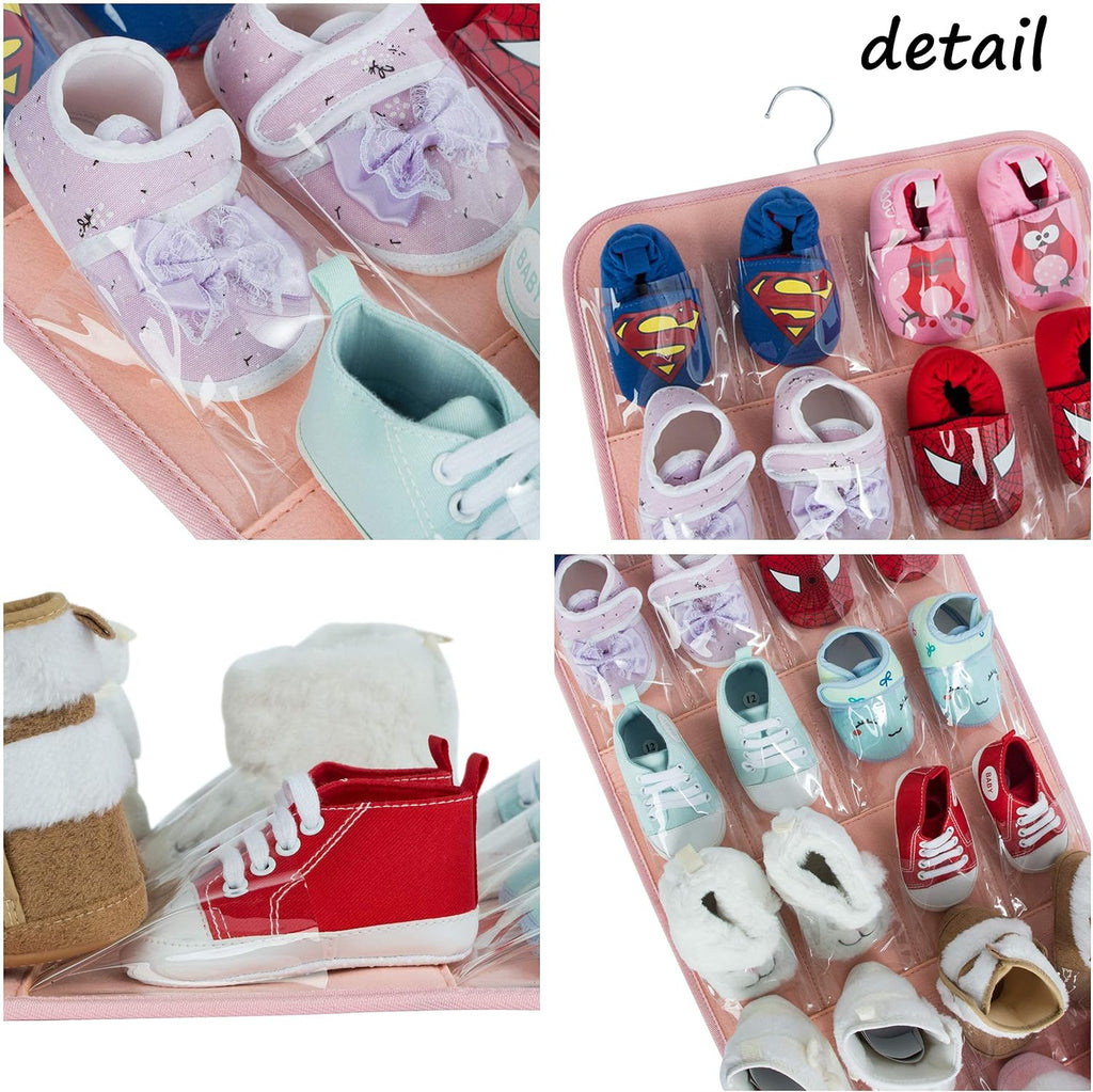 PACMAXI Over The Door Shoes Organizer for 12 Pairs of Baby Shoes Boys Girl | Hanging Baby Sole Shoe Organizer with Hanger Wall Hanging Toddler Holder(Felt Material-Pink)