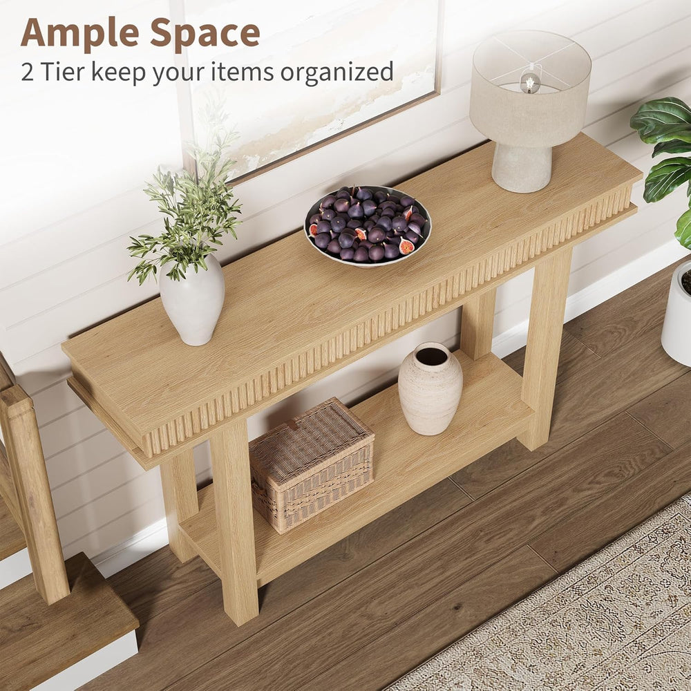 Garvee Farmhouse Fluted Console Table, 2 Tier Wooden Entryway Table with Shel...