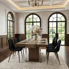 Extendable Dining Table Set for 8, 63-79 Inch Brown Kitchen Table Set with 8 Black Linen-Cotton Chairs with Walnut Metal Legs,Wood Storage (Table + Black Walnut Chairs, 1 Table + 8 Chairs)
