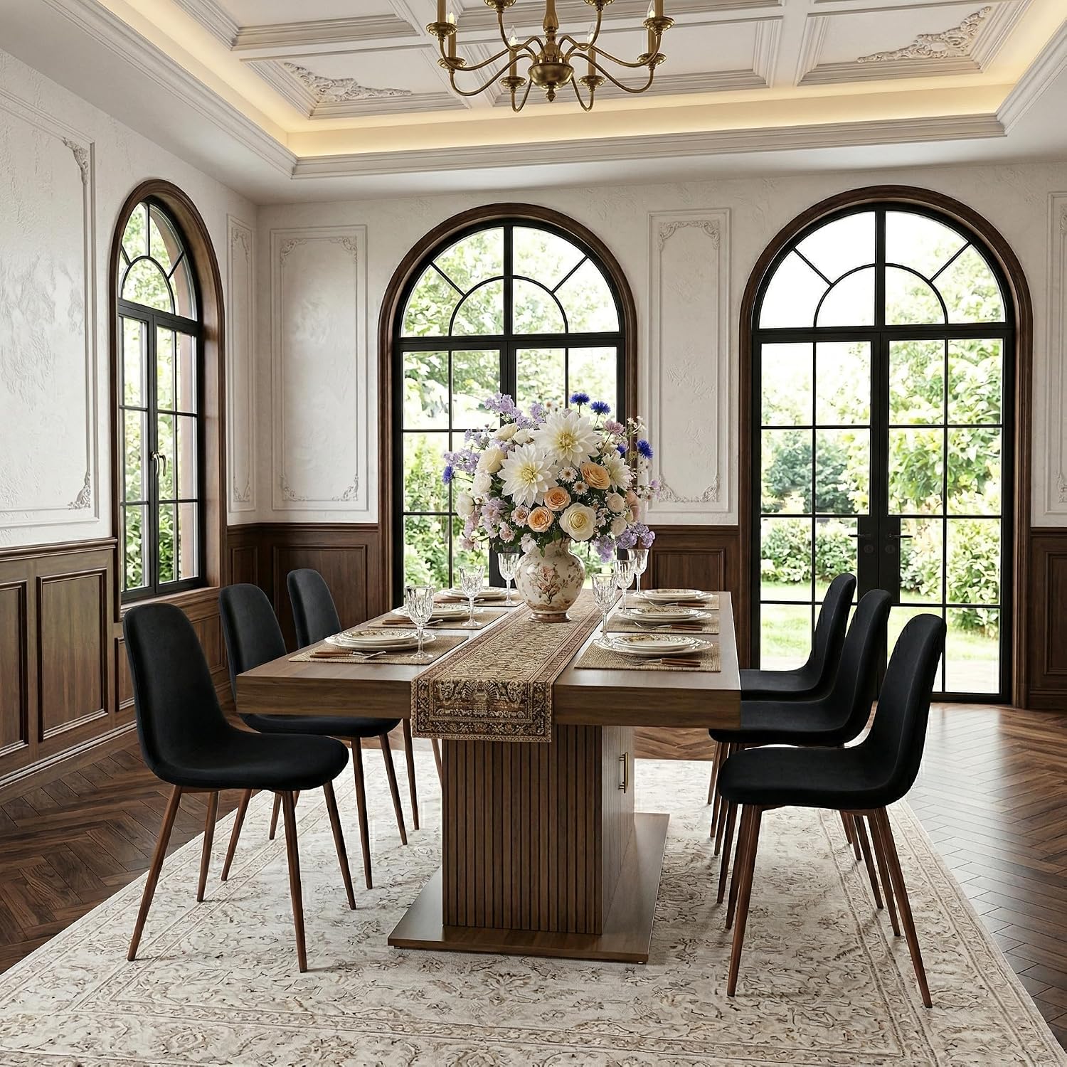 Extendable Dining Table Set for 8, 63-79 Inch Brown Kitchen Table Set with 8 Black Linen-Cotton Chairs with Walnut Metal Legs,Wood Storage (Table + Black Walnut Chairs, 1 Table + 8 Chairs)