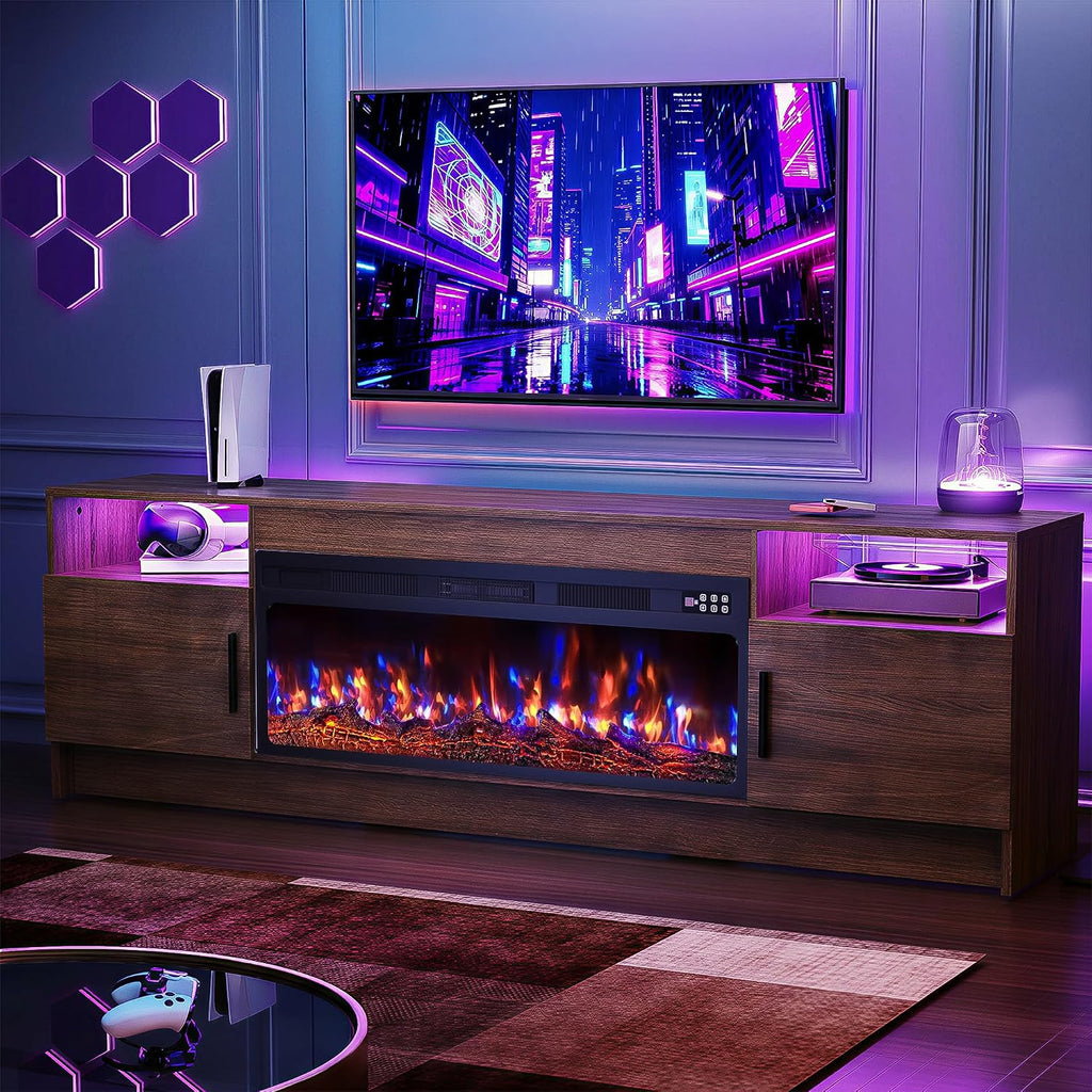 EAG 70" Electric Fireplace TV Stand with 36 inch Fireplace Up to 80" TVs, Entertainment Center with with Storage Cabinet & LED Lights, Modern Media Console for Living Room, Walnut