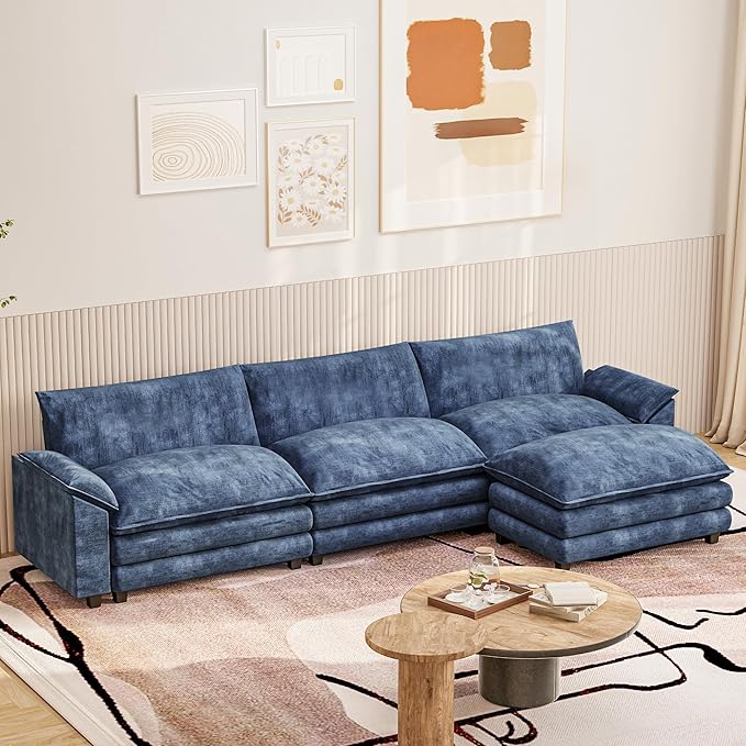 Furniwell 119" Modular Couch 3-Seat Sofa with Reversible Ottoman, Cloud Couch L Shaped Sofa with Deep Seat, Chenille Sectional Couches for Living Room