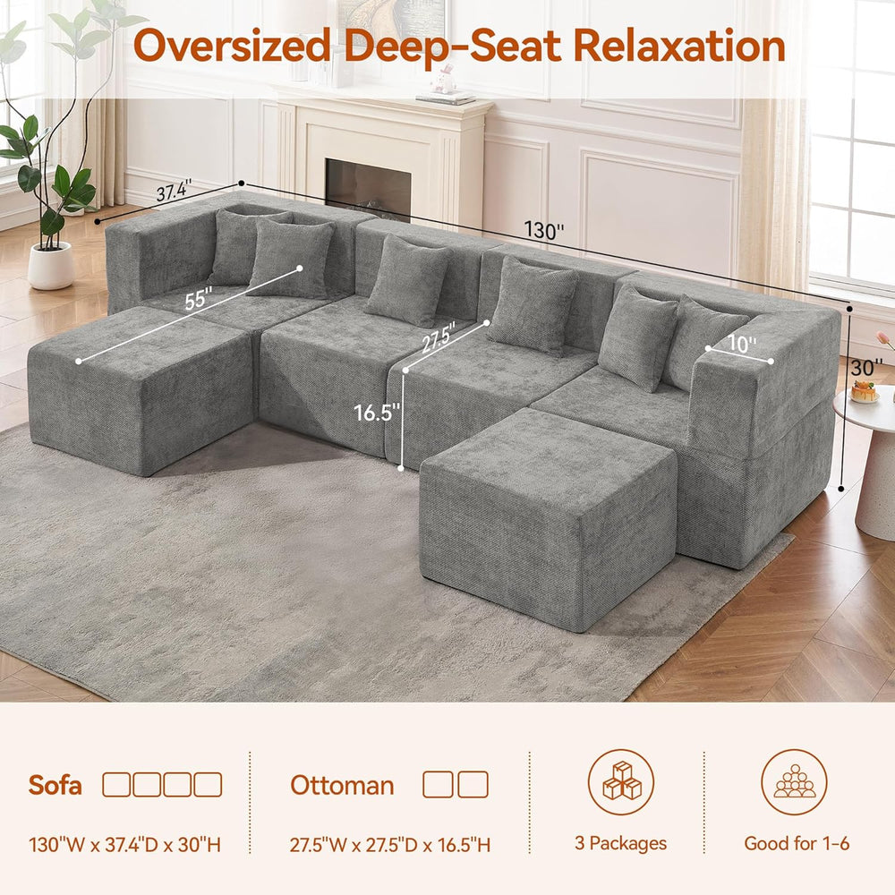 MONVANE Modular Sectional Cloud Couch for Living Room - 130'' 6 Seate...