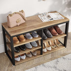 LITTLE TREE Coat Shoe Rack, Hall Tree Entryway Bench Set for Hallway, Living Room, Bedroom, Oak+Black