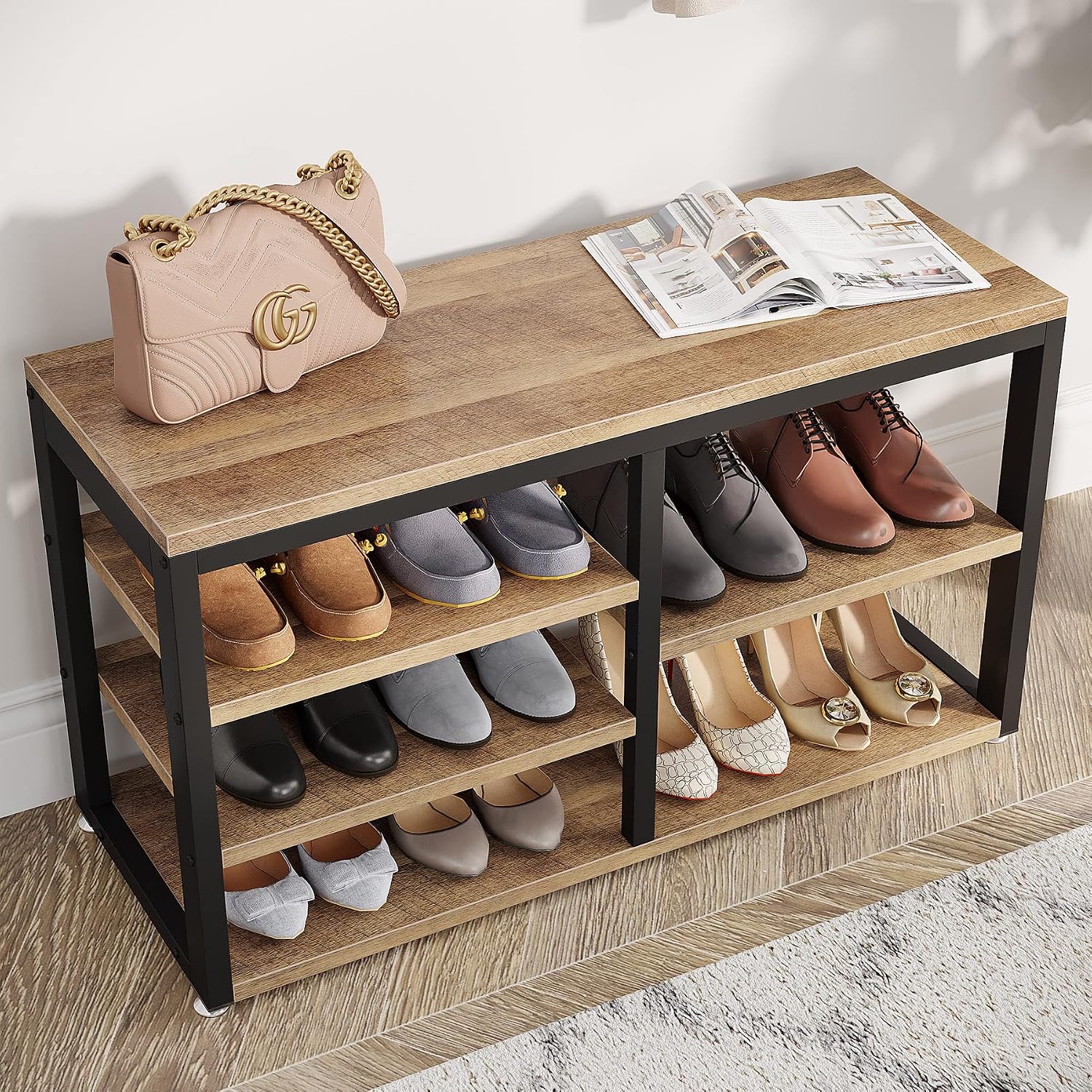 LITTLE TREE Coat Shoe Rack, Hall Tree Entryway Bench Set for Hallway, Living Room, Bedroom, Oak+Black