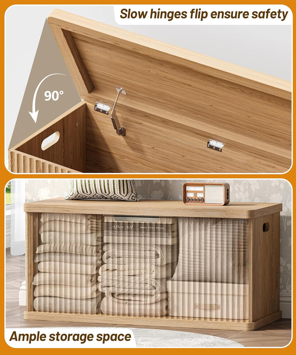 Akxomel 37.4" Fluted Storage Chest Wooden Storage Trunk 2 Safety Hinges Oak | Storage Chest with 2 Safety Hinges & Lift Top, Wooden Box Bench with Curved Profile, for Living Room, Entryway, Bedroom