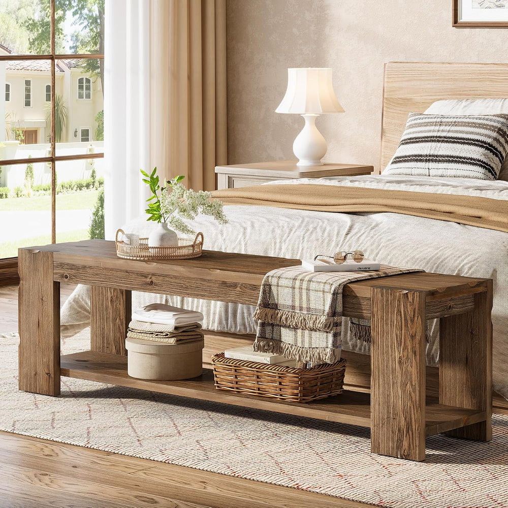 Solid Wood Entryway Bench with Storage Shelf, 55.12-Inch 2-Tier Wood Shoe Ben...