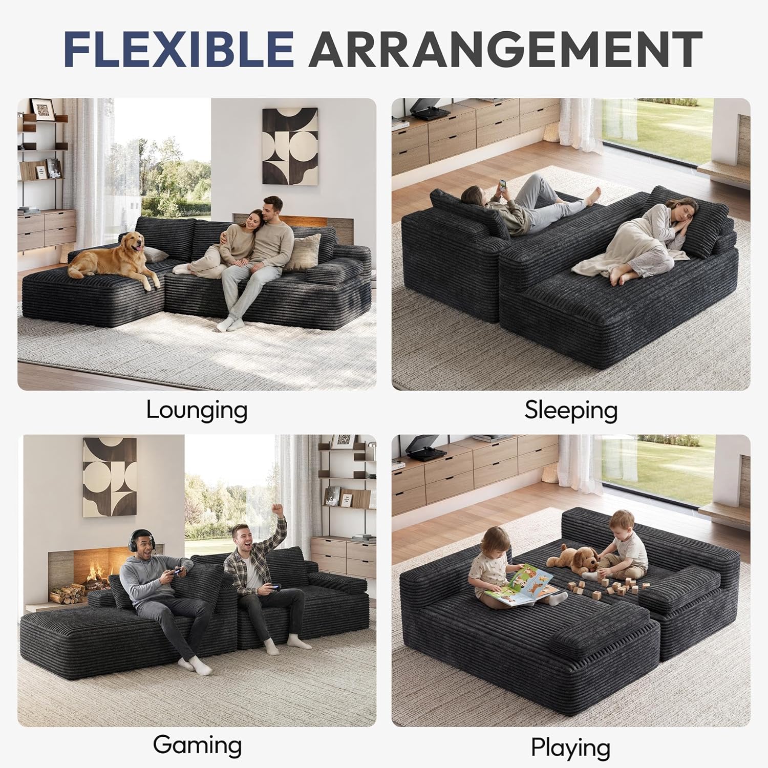 Yaheetech 110" Sectional Sofa Boneless Couch with Chaise, Dark Gray | Sectional Sofa Cloud Couch Corduroy Modular L-Shape Couch No Assembly Sofa with Detachable Pillow for Living Room Guest Room