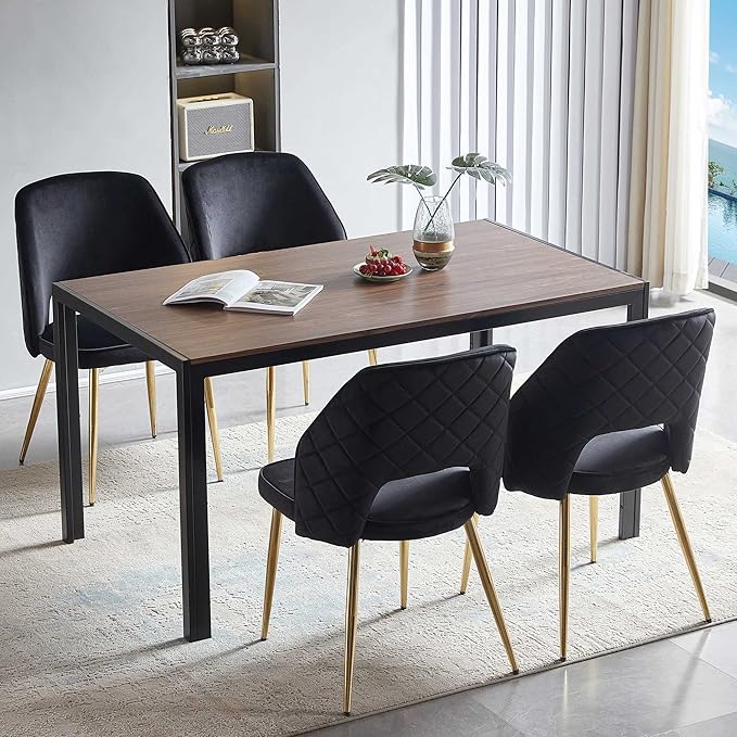 NORDICANA Modern Dining Chair Set of 4, Black Velvet Fabric Upholstered Accent Chairs with Golden Metal Legs, Round Back Side Chairs for Kitchen Living Room Bedroom
