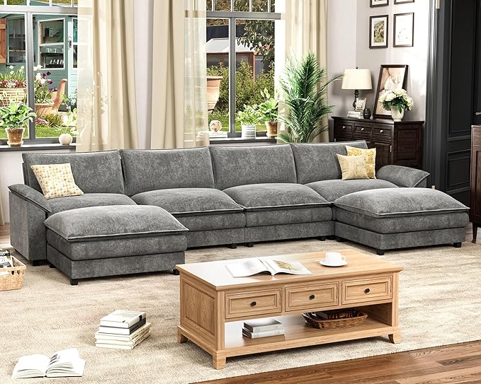 Homall 159" Modular Sectional Sofa, U Shaped Sofa Couch with Reversible Ottoman, DIY Combination Chenille Deep 4-Seat Cloud Couch for Living Room, Apartment (Light Grey, U Shaped Sofa)