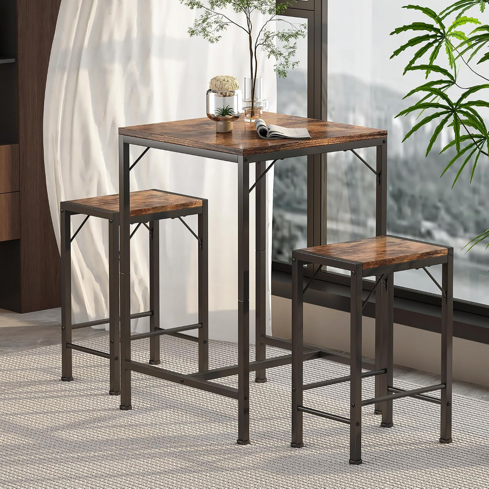 Homeiju Bar Table and Chairs Set, Square Bar Table with 2 Stools, Space-Savin...