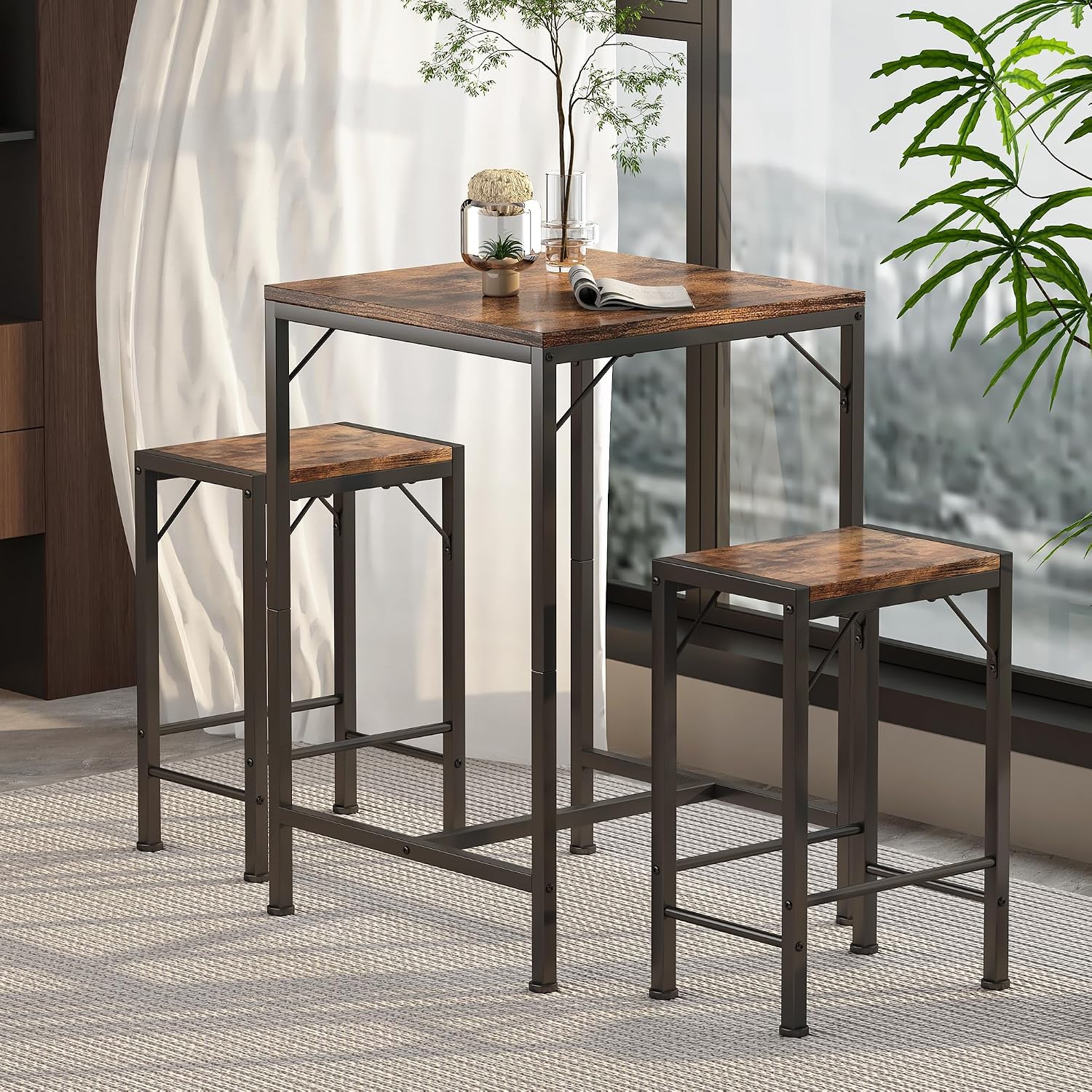 Homeiju Bar Table and Chairs Set, Square Bar Table with 2 Stools, Space-Saving Dining Pub Set for 2, Perfect for Kitchen, Breakfast Nook, Living Room & Small Spaces