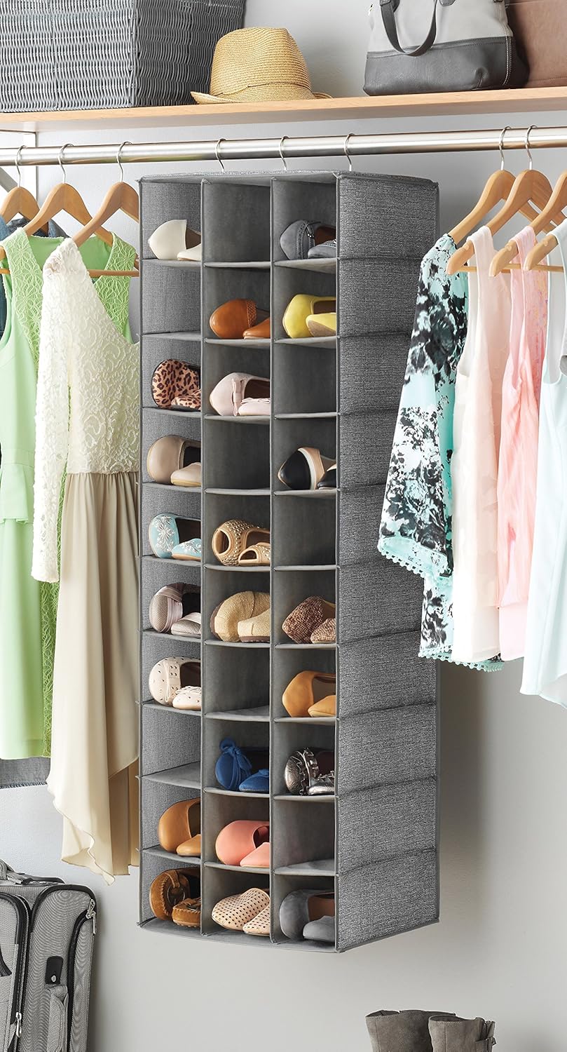 Whitmor 30 Sections Hanging Clothes Closet Shoe Organizer, Space Saving Breathable Fabric Shoe Storage for Bedroom, Laundry, Dorm, Crosshatch Gray
