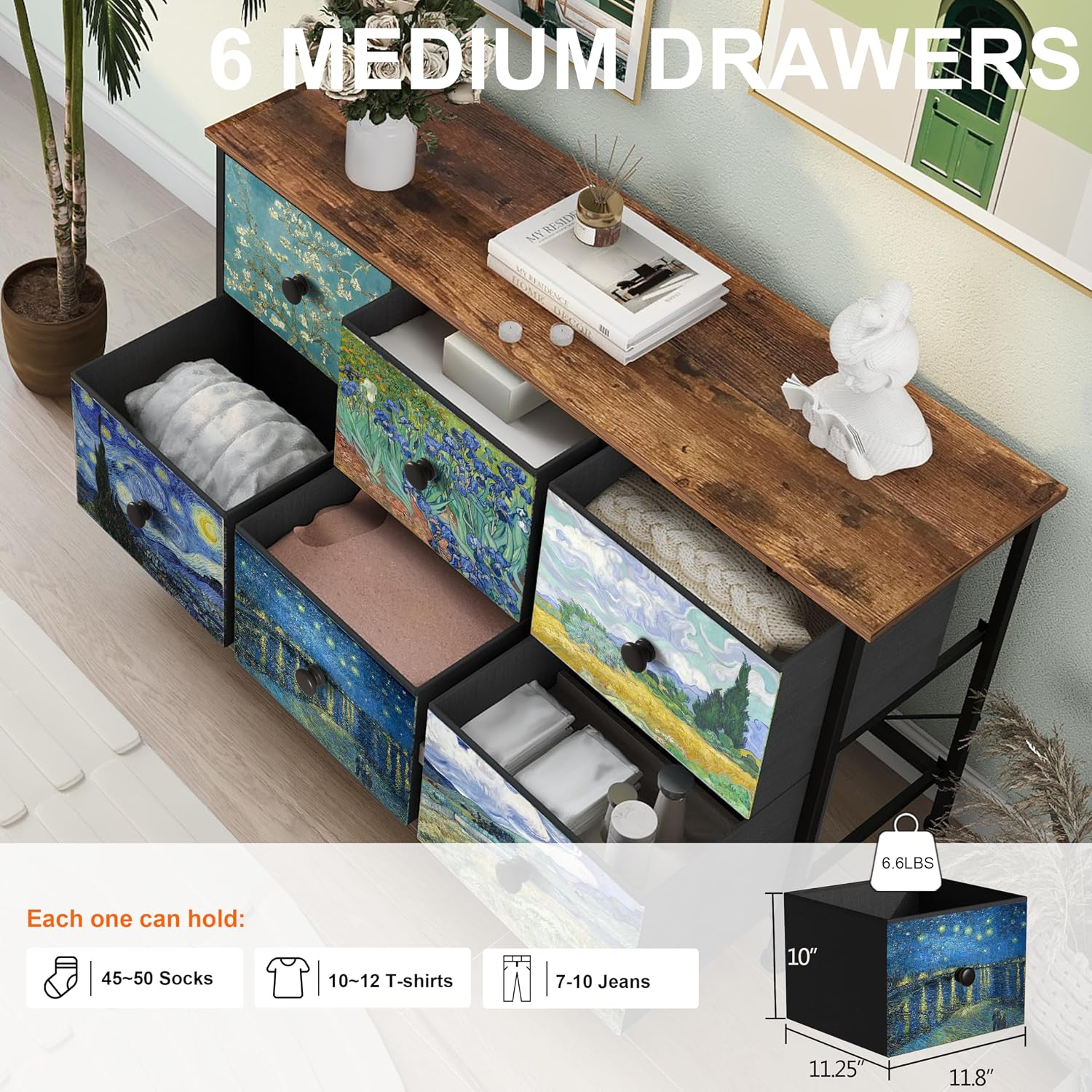 EXOTICA 6 Drawer Dresser for Bedroom Van Gogh Chest of Drawers Wide TV Stands Fabric Storage Drawer Unit for Living Room Entryway Closet Sturdy Steel Frame Wood Top